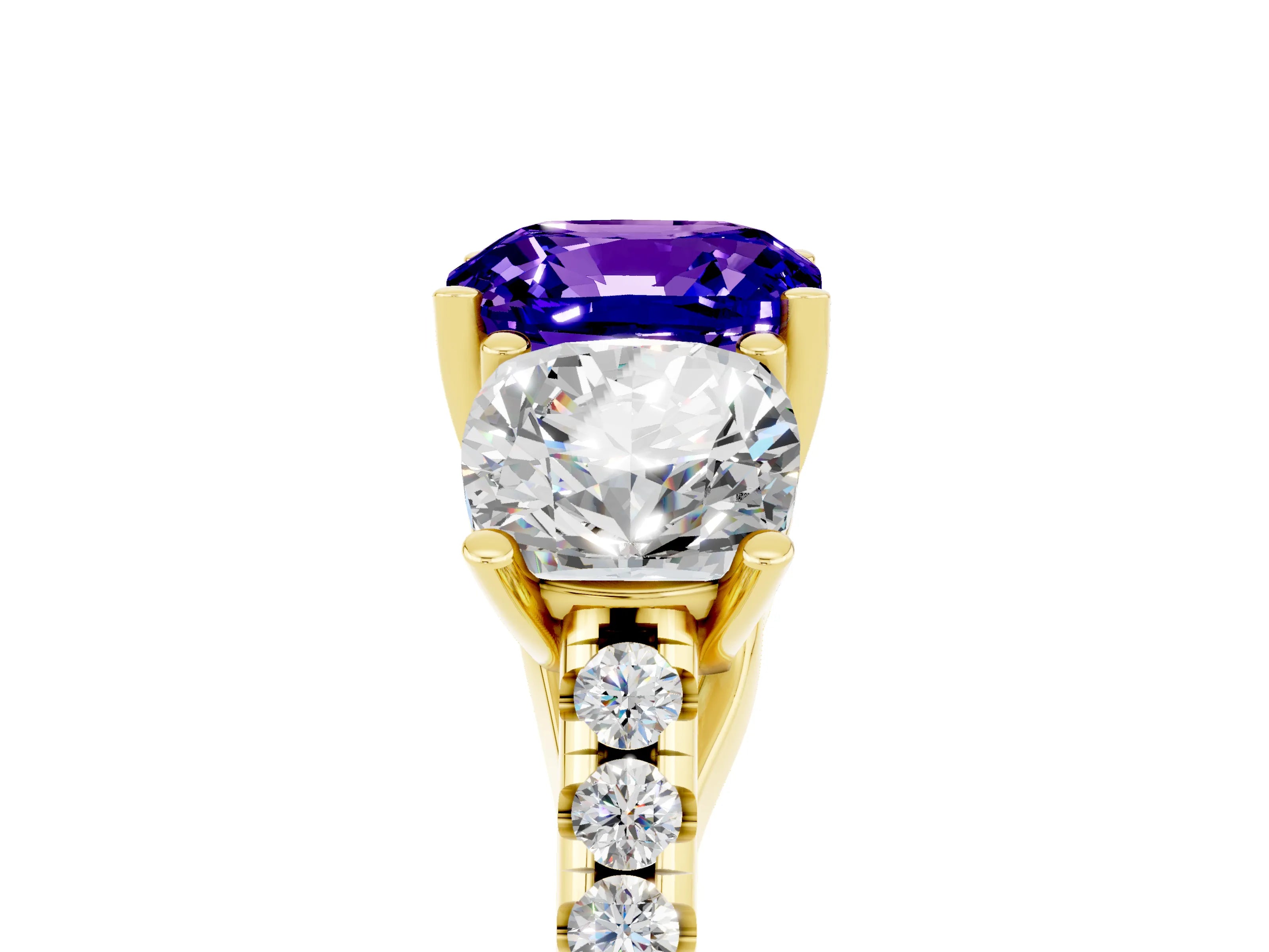 Yellow gold Three-Stone Cushion Cut Tanzanite Ring with Pavé Band and Prong Setting_17