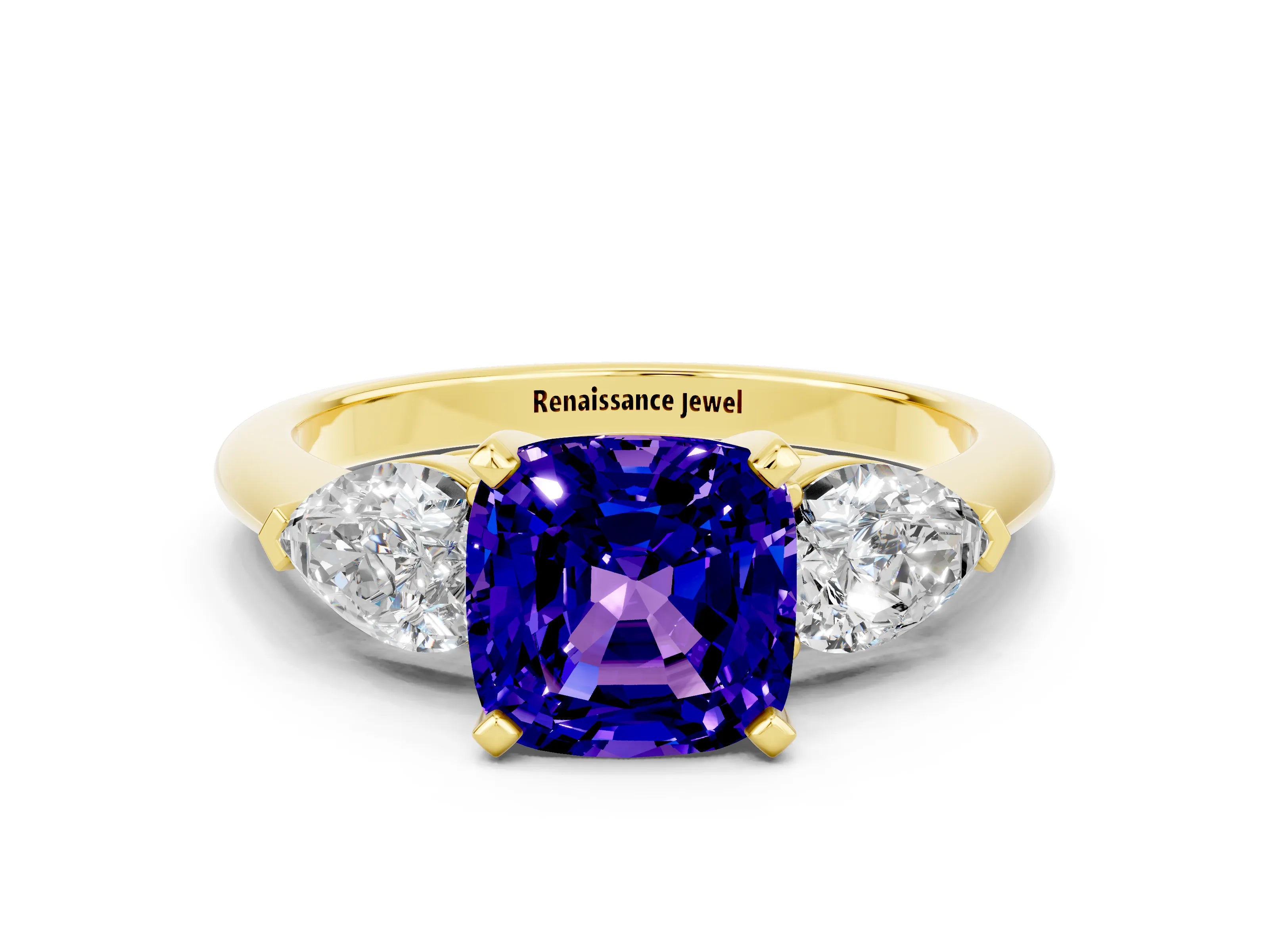 Yellow gold Three-Stone Cushion Cut Tanzanite Ring with Pear Side Stones and Four-Prong Setting