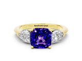 Yellow gold Three-Stone Cushion Cut Tanzanite Ring with Pear Side Stones and Four-Prong Setting