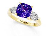 Yellow gold Three-Stone Cushion Cut Tanzanite Ring with Pear Side Stones and Four-Prong Setting_1