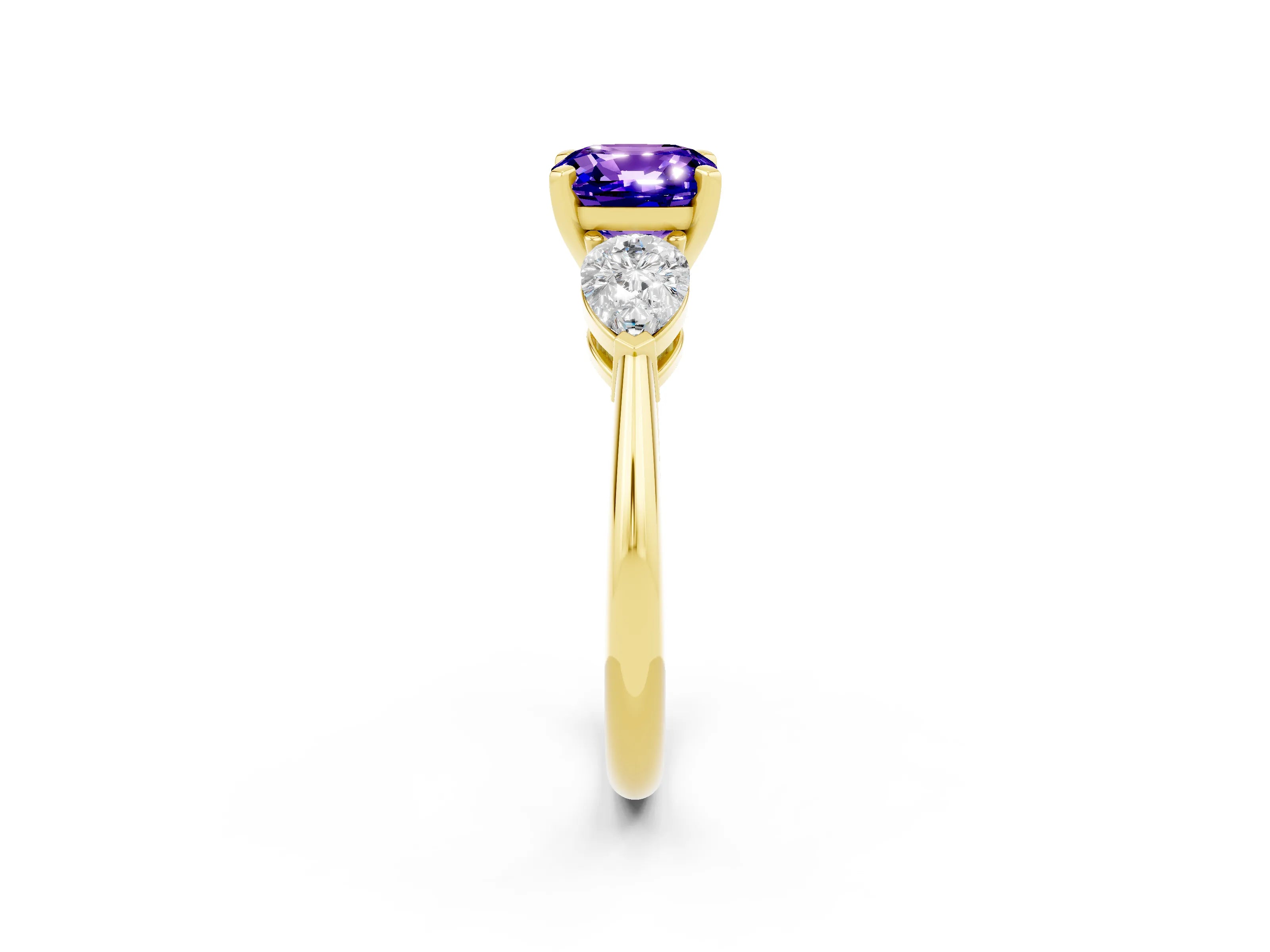 Yellow gold Three-Stone Cushion Cut Tanzanite Ring with Pear Side Stones and Four-Prong Setting_2