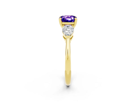 Yellow gold Three-Stone Cushion Cut Tanzanite Ring with Pear Side Stones and Four-Prong Setting_2