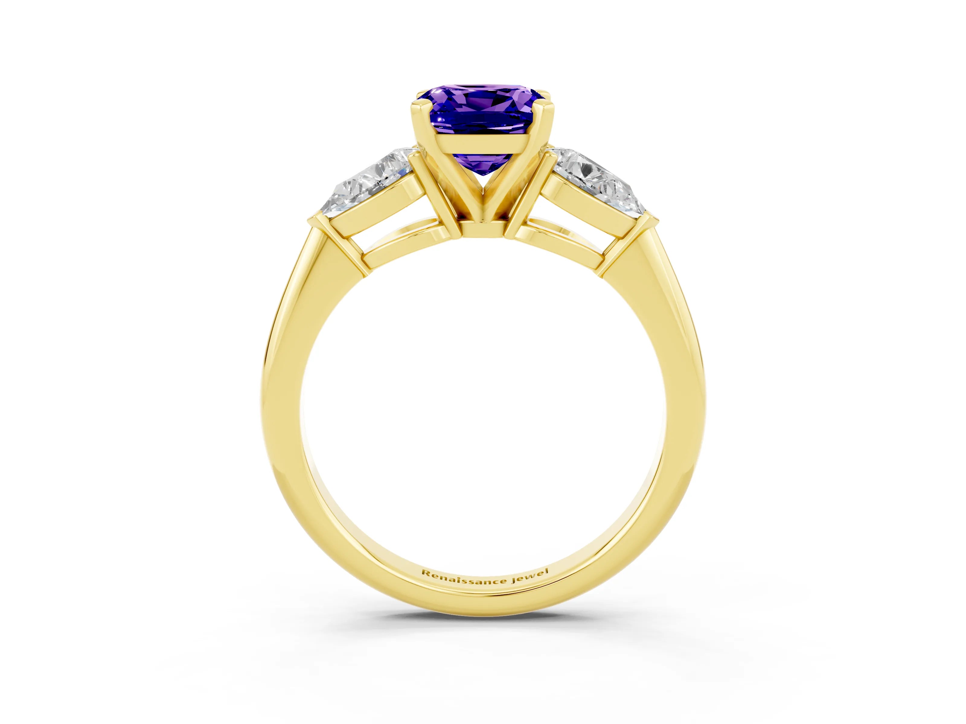 Yellow gold Three-Stone Cushion Cut Tanzanite Ring with Pear Side Stones and Four-Prong Setting_3