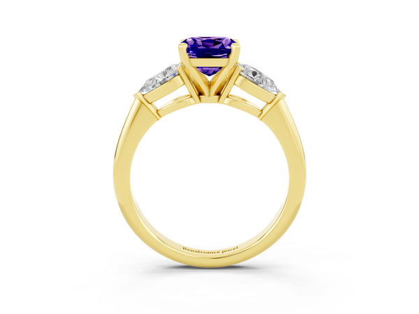 Yellow gold Three-Stone Cushion Cut Tanzanite Ring with Pear Side Stones and Four-Prong Setting