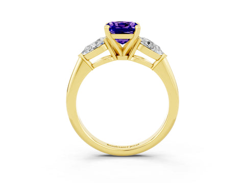 Yellow gold Three-Stone Cushion Cut Tanzanite Ring with Pear Side Stones and Four-Prong Setting_3