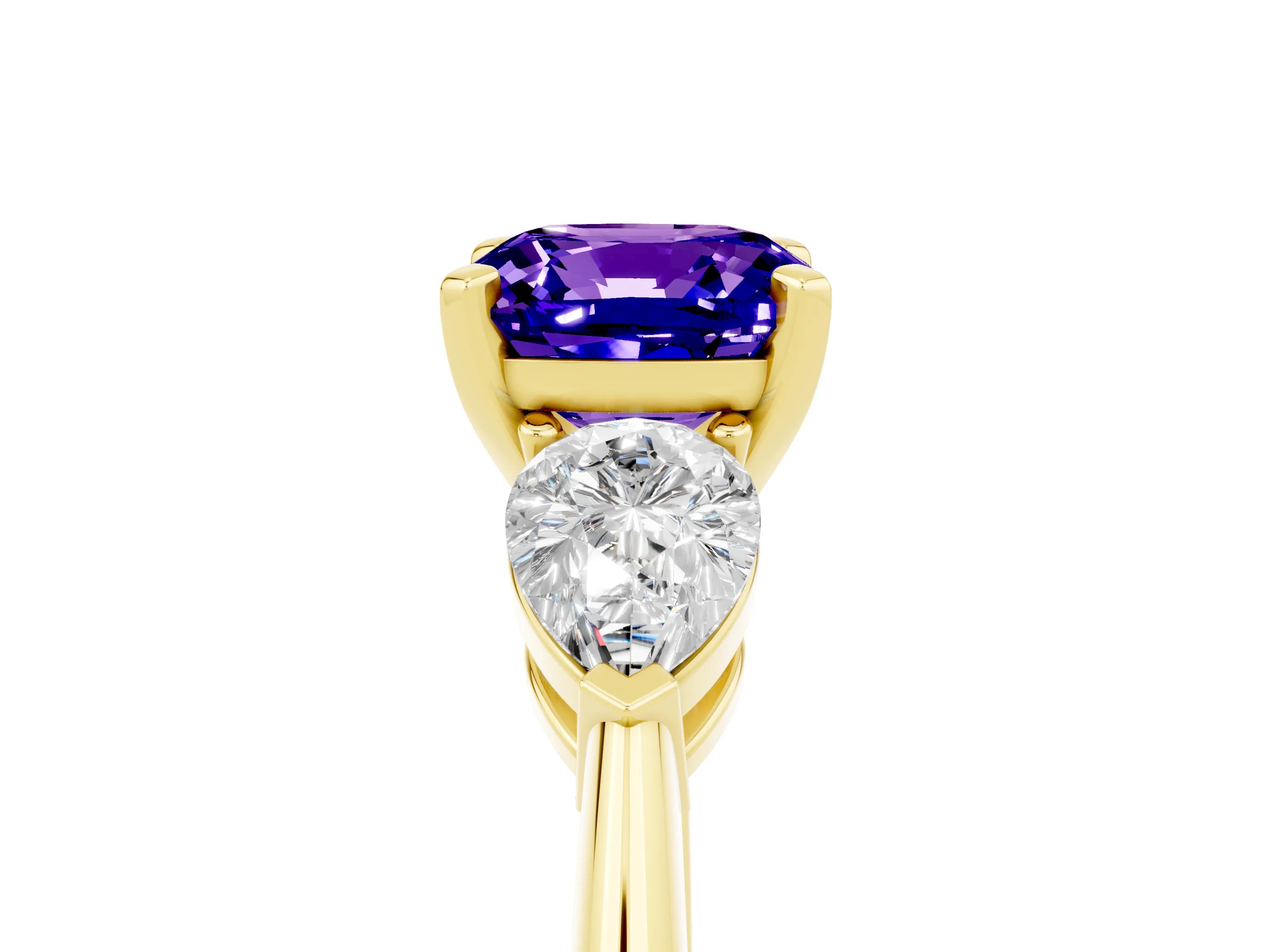 Yellow gold Three-Stone Cushion Cut Tanzanite Ring with Pear Side Stones and Four-Prong Setting_5