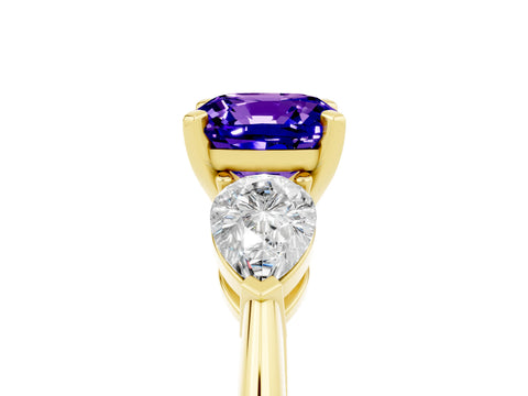 Yellow gold Three-Stone Cushion Cut Tanzanite Ring with Pear Side Stones and Four-Prong Setting_5