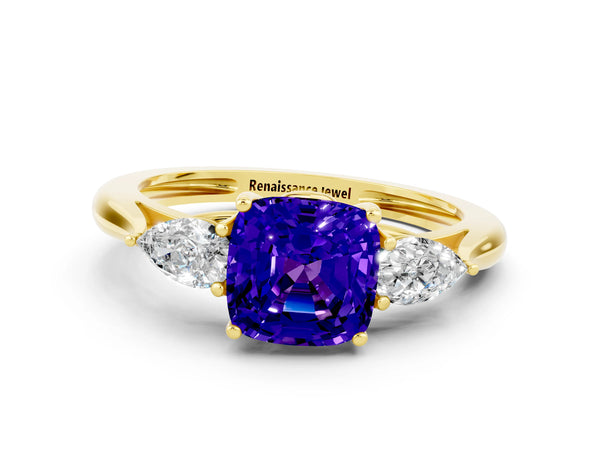 Yellow gold Three-Stone Cushion Cut Tanzanite Ring with Pear  Side Stones in Four-Prong Setting