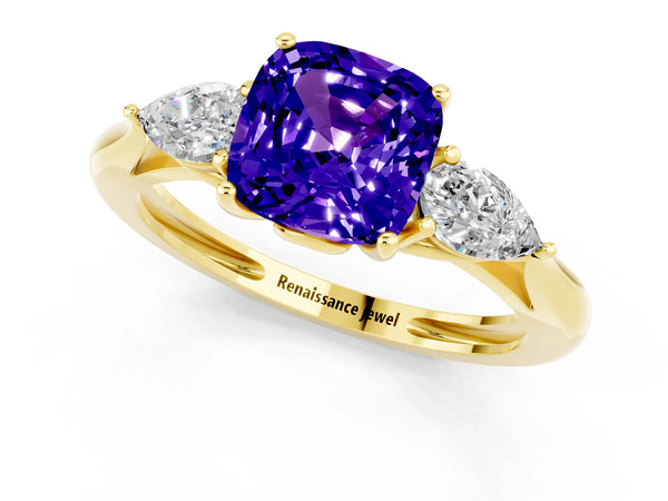 Yellow gold Three-Stone Cushion Cut Tanzanite Ring with Pear  Side Stones in Four-Prong Setting