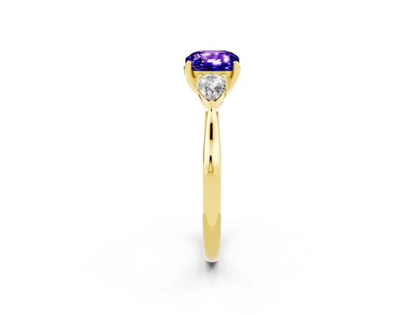 Yellow gold Three-Stone Cushion Cut Tanzanite Ring with Pear  Side Stones in Four-Prong Setting