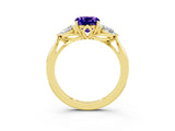 Yellow gold Three-Stone Cushion Cut Tanzanite Ring with Pear  Side Stones in Four-Prong Setting_15
