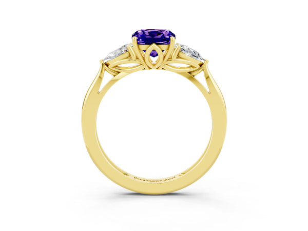 Yellow gold Three-Stone Cushion Cut Tanzanite Ring with Pear  Side Stones in Four-Prong Setting