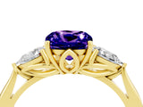 Yellow gold Three-Stone Cushion Cut Tanzanite Ring with Pear  Side Stones in Four-Prong Setting_16