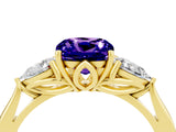 Yellow gold Three-Stone Cushion Cut Tanzanite Ring with Pear  Side Stones in Four-Prong Setting_40