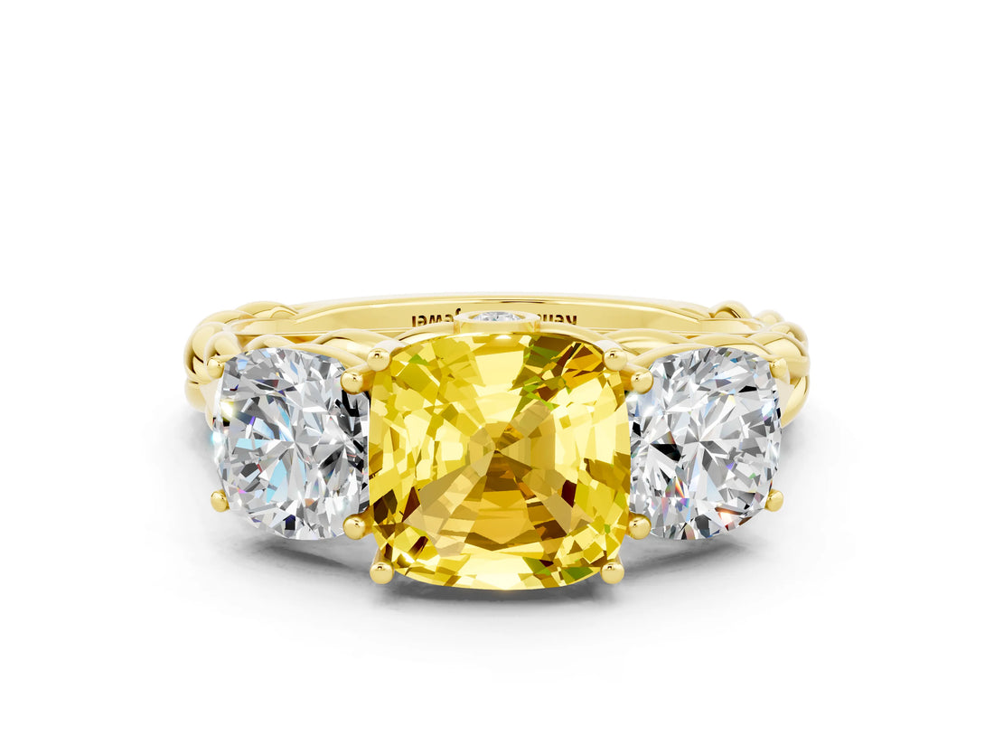 Yellow gold Three-Stone Cushion Cut Yellow Sapphire Braided Band Ring with Four-Prong Setting_36