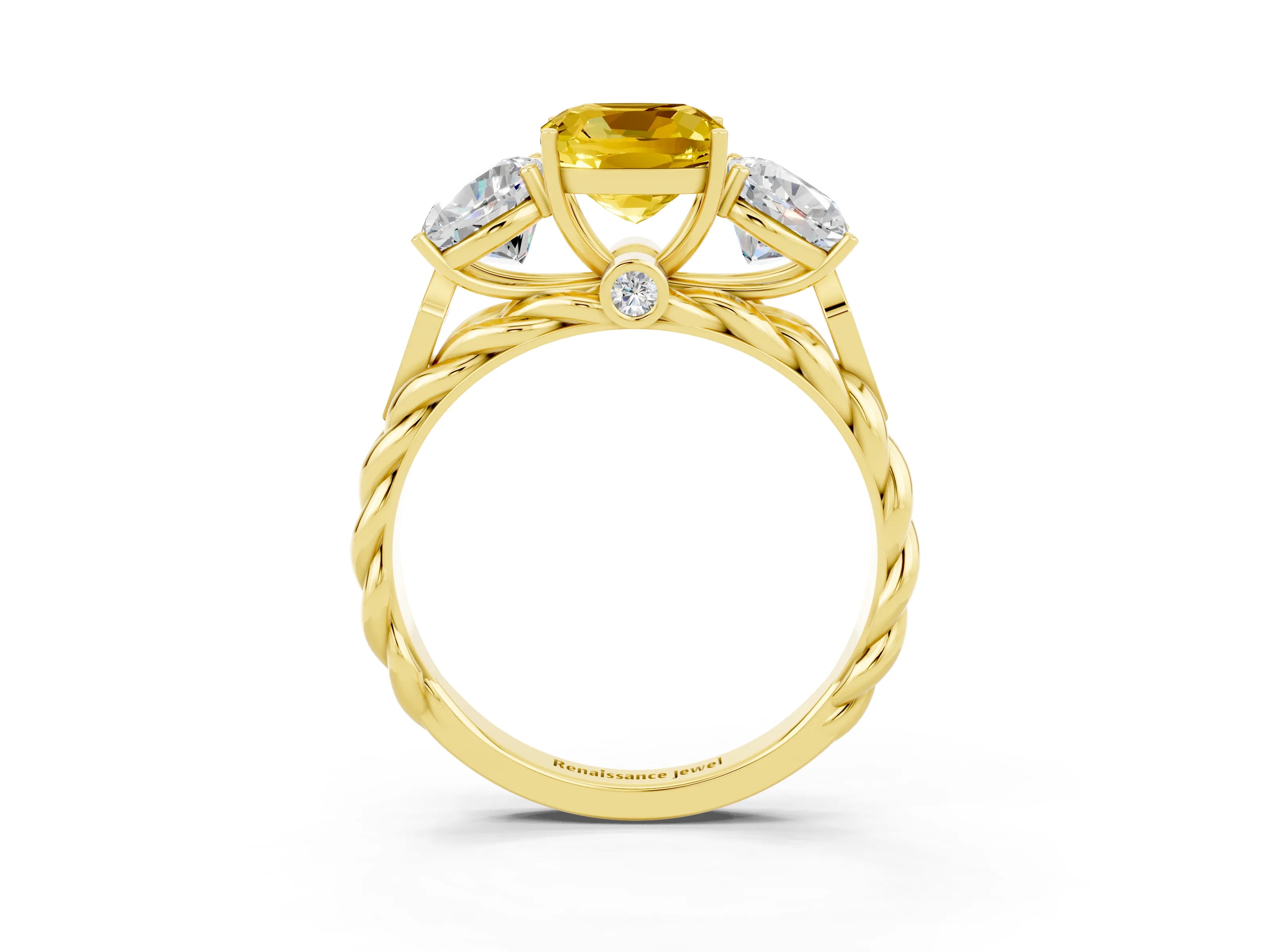 Yellow gold Three-Stone Cushion Cut Yellow Sapphire Braided Band Ring with Four-Prong Setting_39