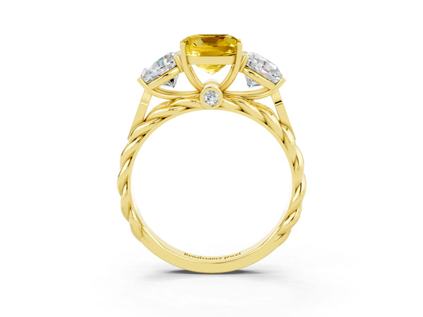 Yellow gold Three-Stone Cushion Cut Yellow Sapphire Braided Band Ring with Four-Prong Setting