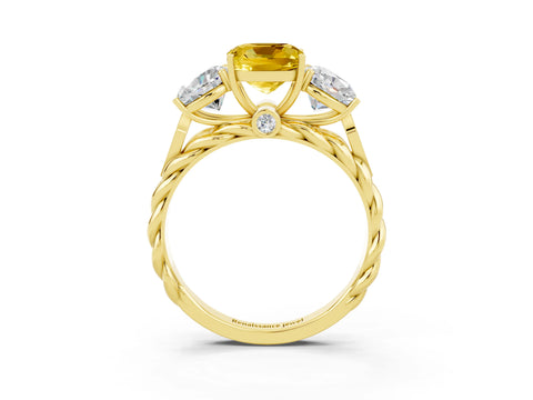 Yellow gold Three-Stone Cushion Cut Yellow Sapphire Braided Band Ring with Four-Prong Setting_39