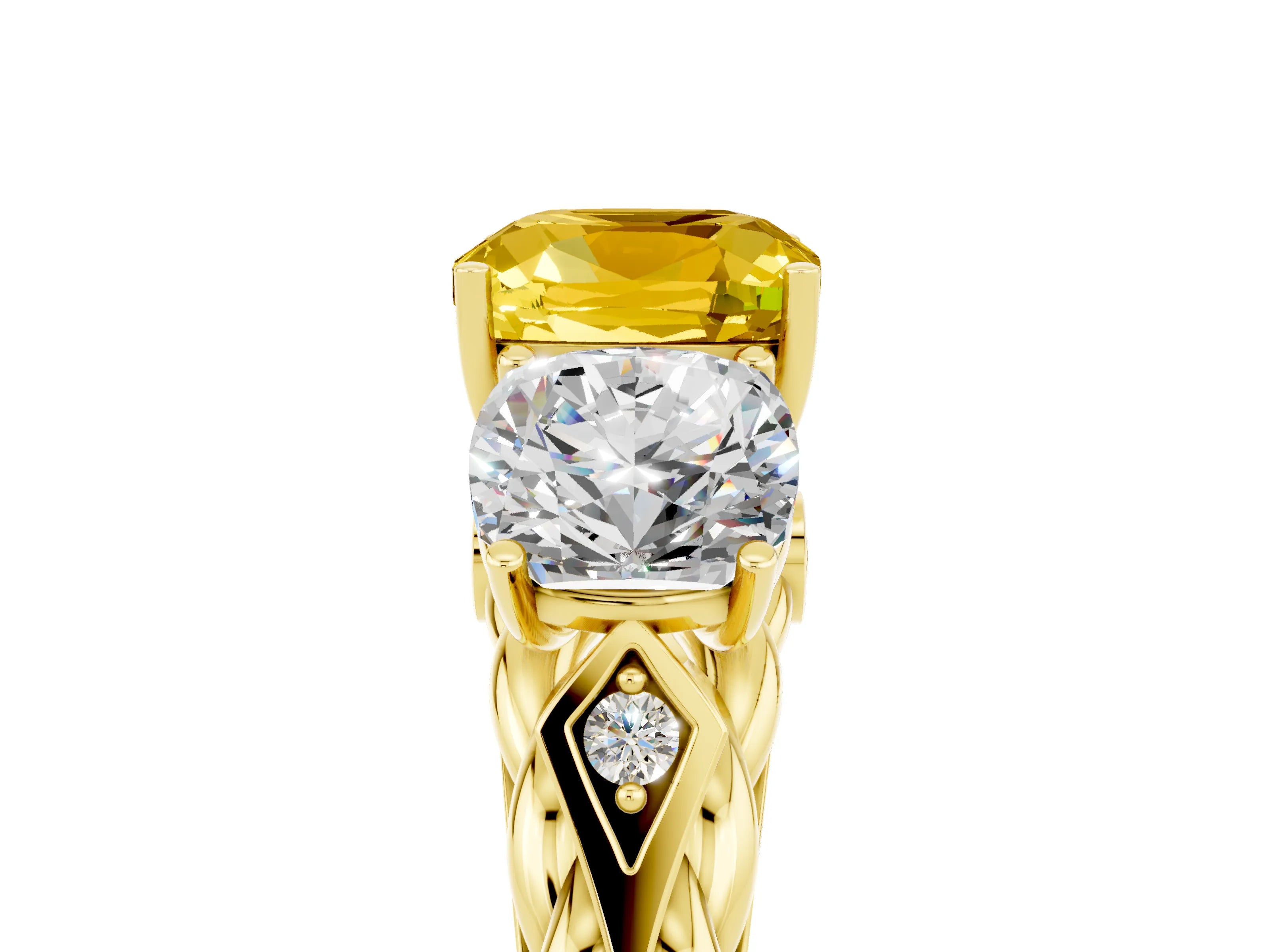 Yellow gold Three-Stone Cushion Cut Yellow Sapphire Braided Band Ring with Four-Prong Setting_41