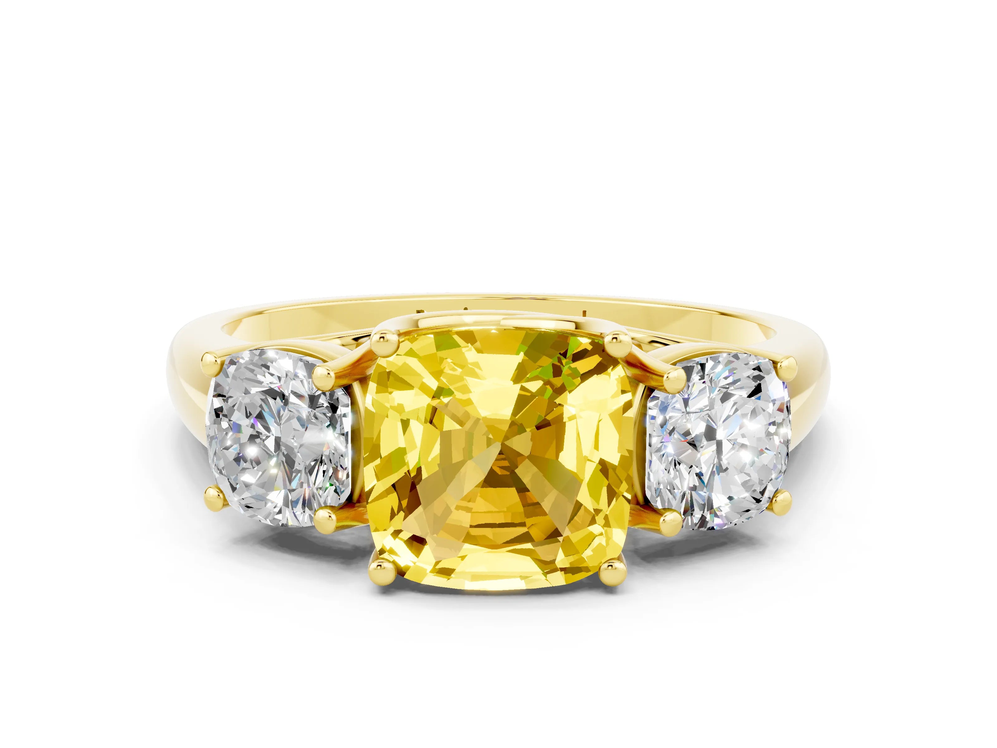 Yellow gold Three-Stone Cushion Cut Yellow Sapphire Engagement Ring with Prong Setting