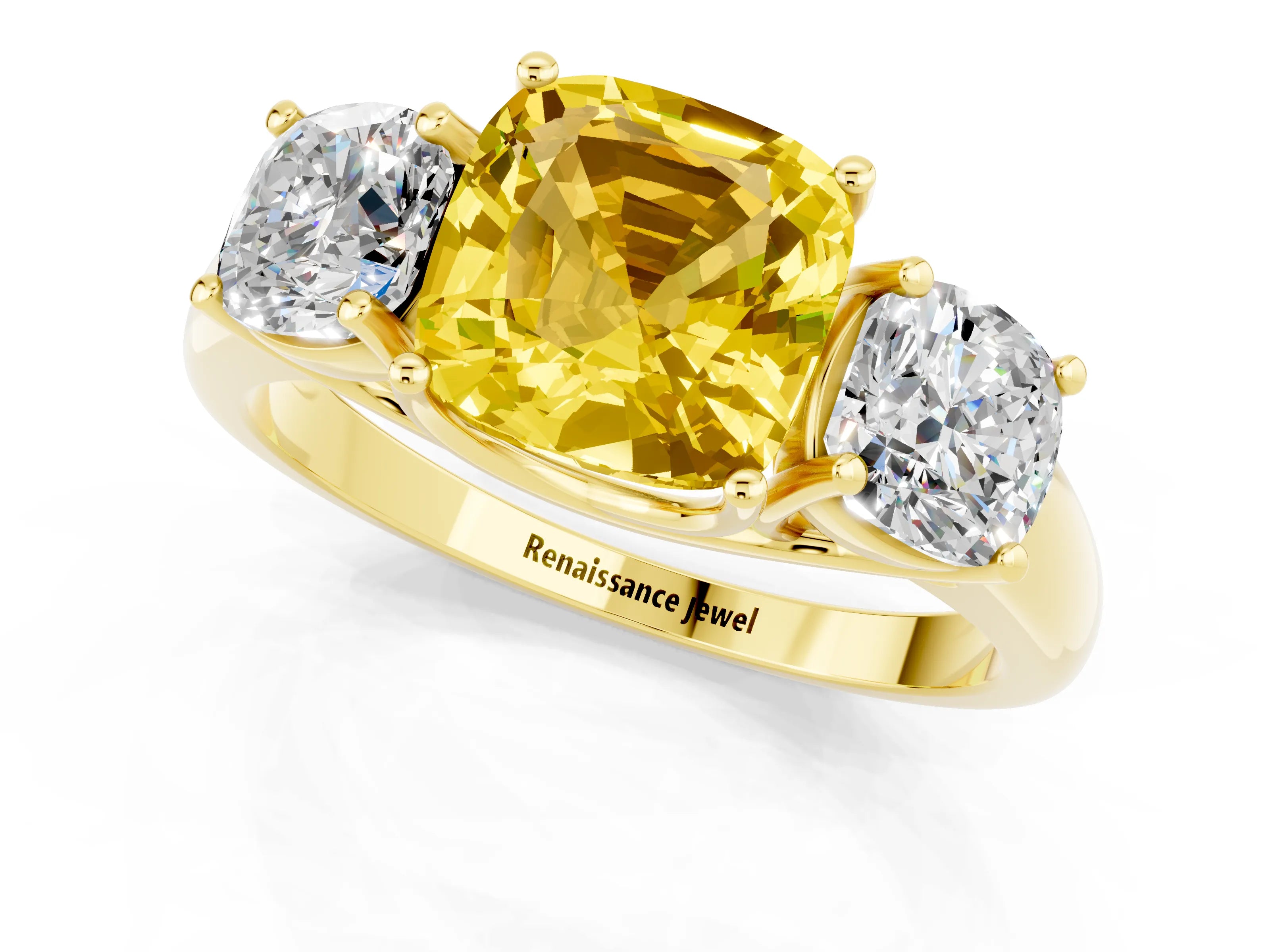Yellow gold Three-Stone Cushion Cut Yellow Sapphire Engagement Ring with Prong Setting_1