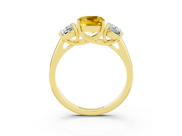Yellow gold Three-Stone Cushion Cut Yellow Sapphire Engagement Ring with Prong Setting