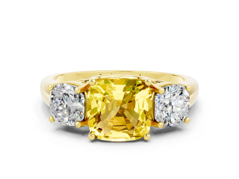 Yellow gold Three-Stone Cushion Cut Yellow Sapphire Engagement Ring with Prong Setting