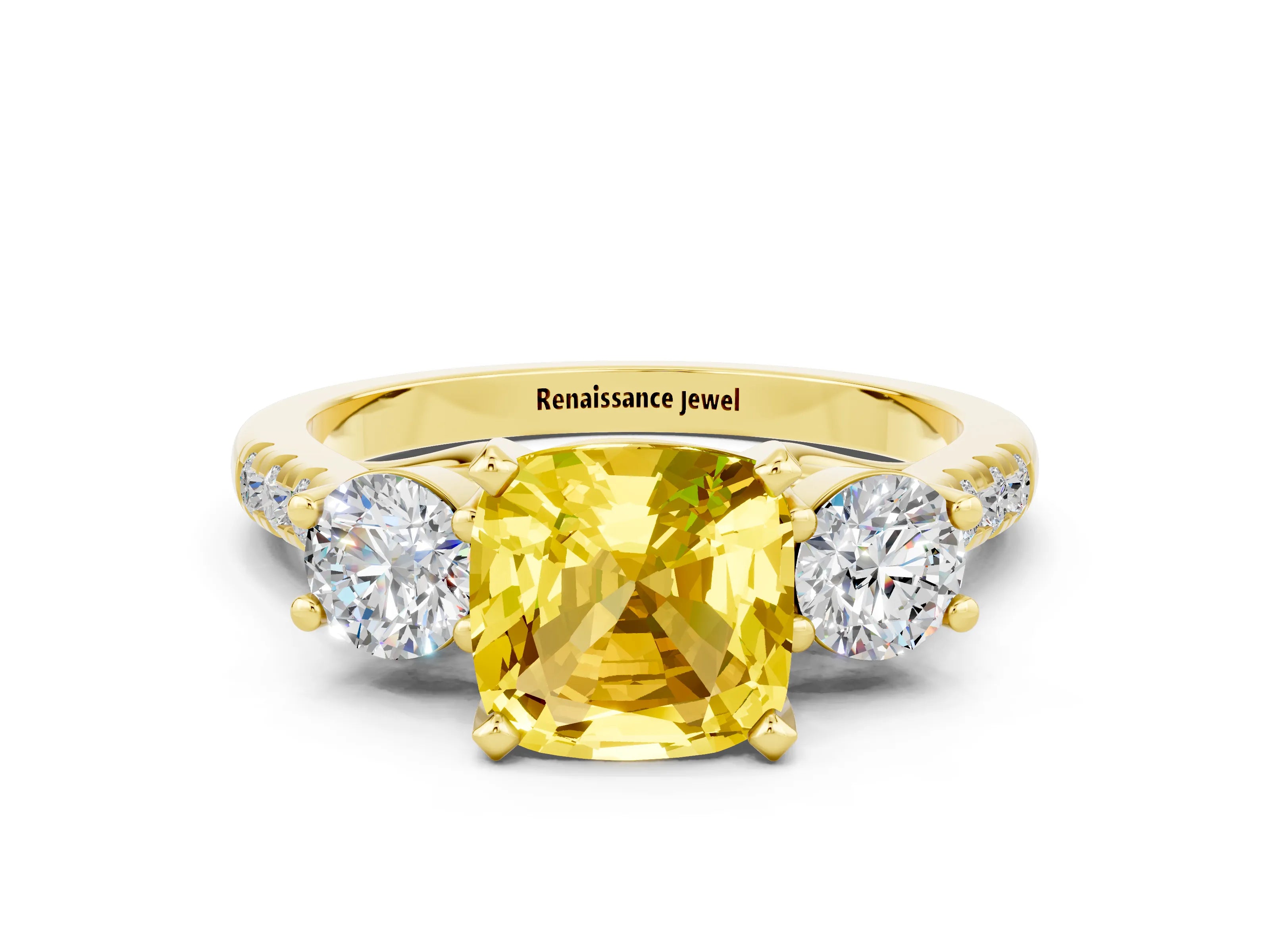 Yellow gold Three-Stone Cushion Cut Yellow Sapphire Pavé Band with Four-Prong Setting_24