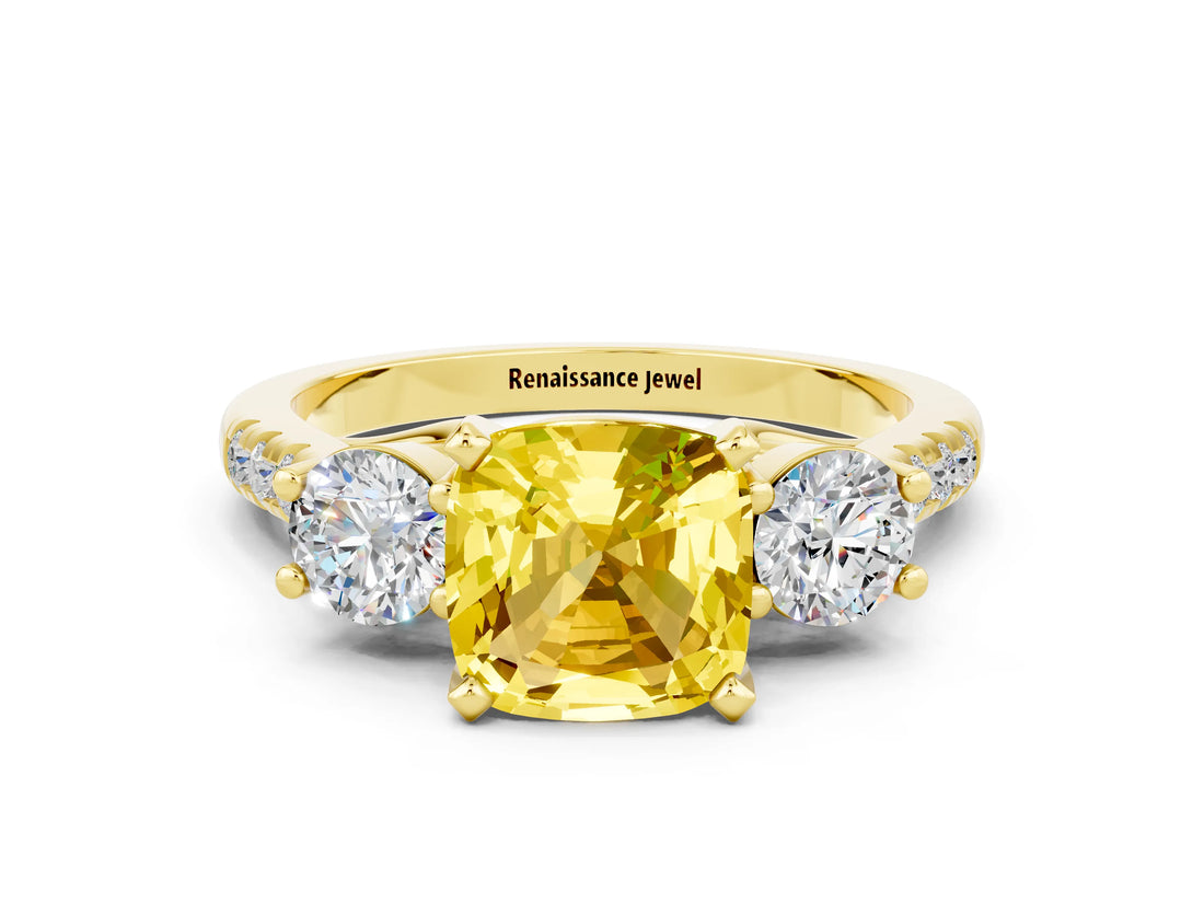 Yellow gold Three-Stone Cushion Cut Yellow Sapphire Pavé Band with Four-Prong Setting_24