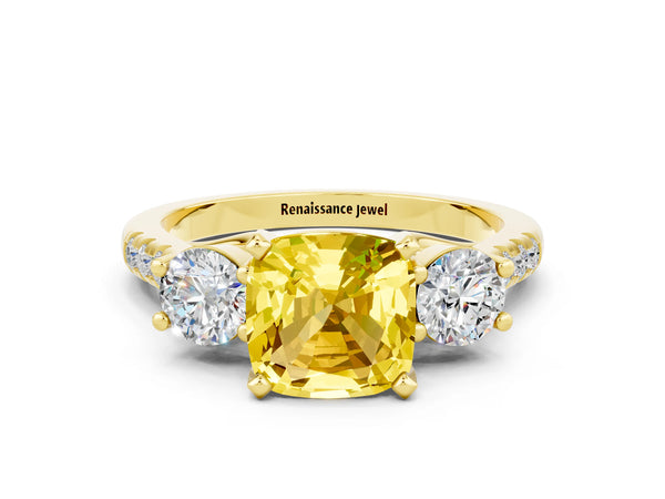 Yellow gold Three-Stone Cushion Cut Yellow Sapphire Pavé Band with Four-Prong Setting