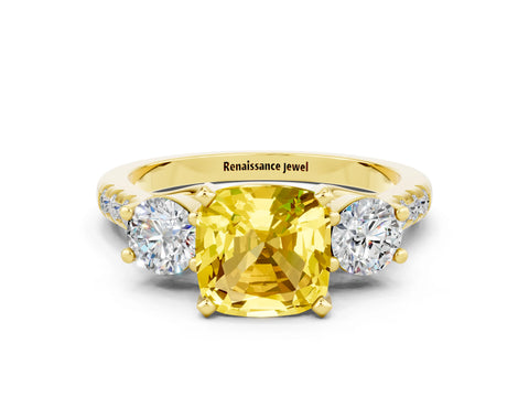 Yellow gold Three-Stone Cushion Cut Yellow Sapphire Pavé Band with Four-Prong Setting_24