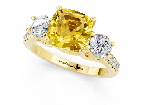 Yellow gold Three-Stone Cushion Cut Yellow Sapphire Pavé Band with Four-Prong Setting_25
