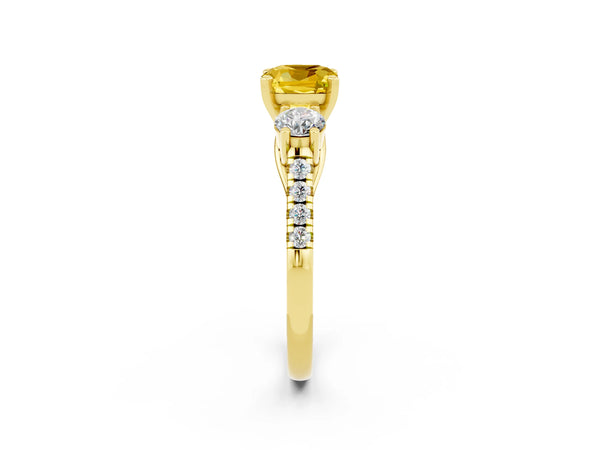 Yellow gold Three-Stone Cushion Cut Yellow Sapphire Pavé Band with Four-Prong Setting