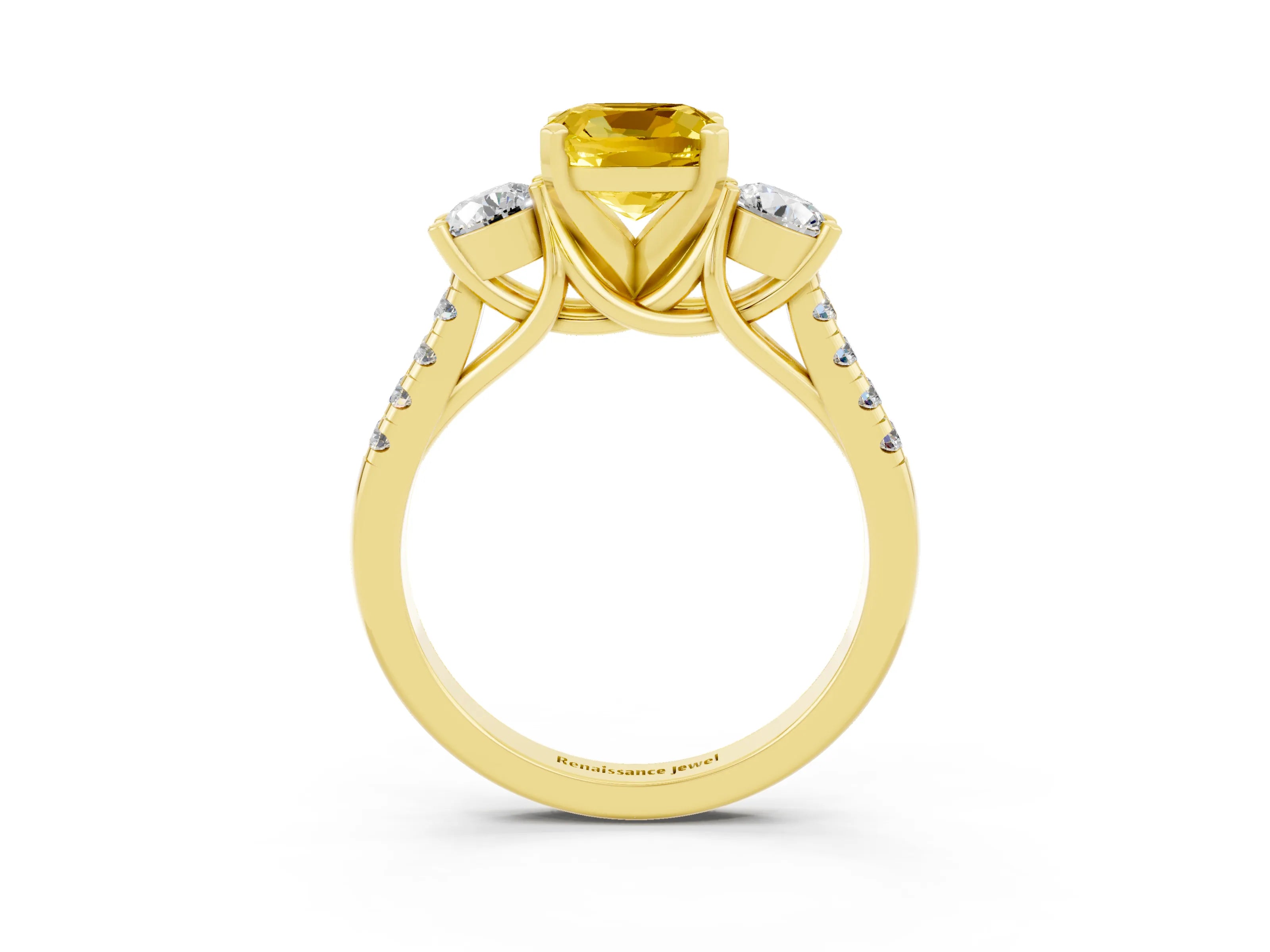 Yellow gold Three-Stone Cushion Cut Yellow Sapphire Pavé Band with Four-Prong Setting_27
