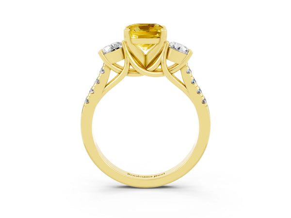 Yellow gold Three-Stone Cushion Cut Yellow Sapphire Pavé Band with Four-Prong Setting