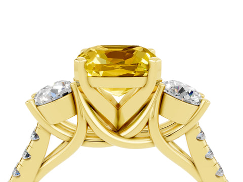 Yellow gold Three-Stone Cushion Cut Yellow Sapphire Pavé Band with Four-Prong Setting_28