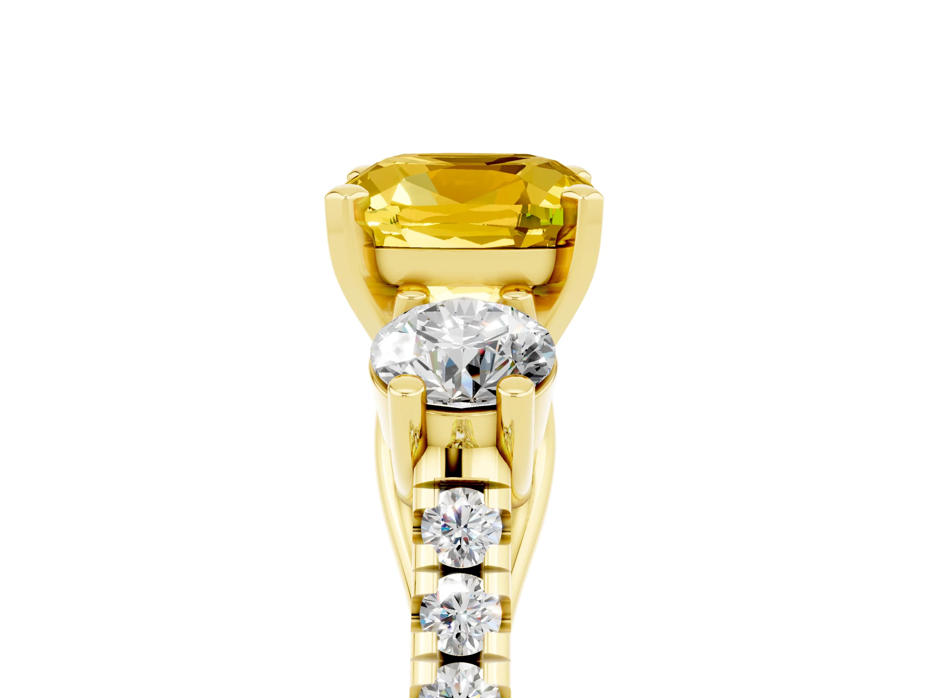 Yellow gold Three-Stone Cushion Cut Yellow Sapphire Pavé Band with Four-Prong Setting_29