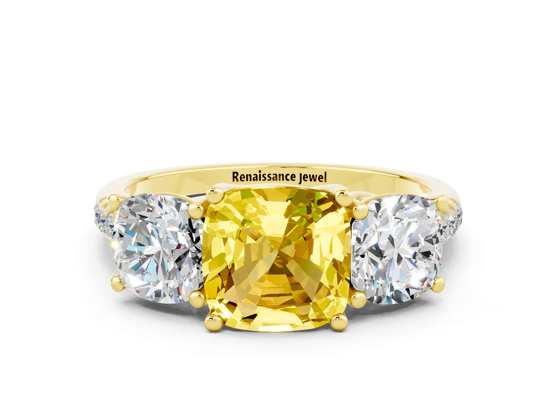 Yellow gold Three-Stone Cushion Cut Yellow Sapphire Ring with Pavé Band and Prong Setting_36