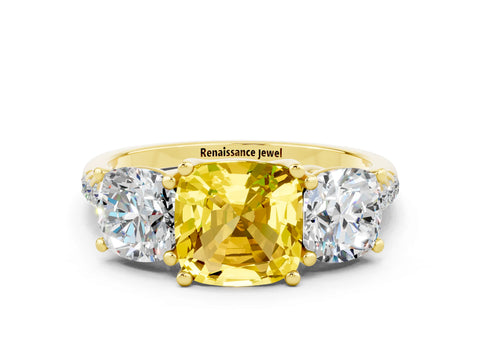 Yellow gold Three-Stone Cushion Cut Yellow Sapphire Ring with Pavé Band and Prong Setting_36