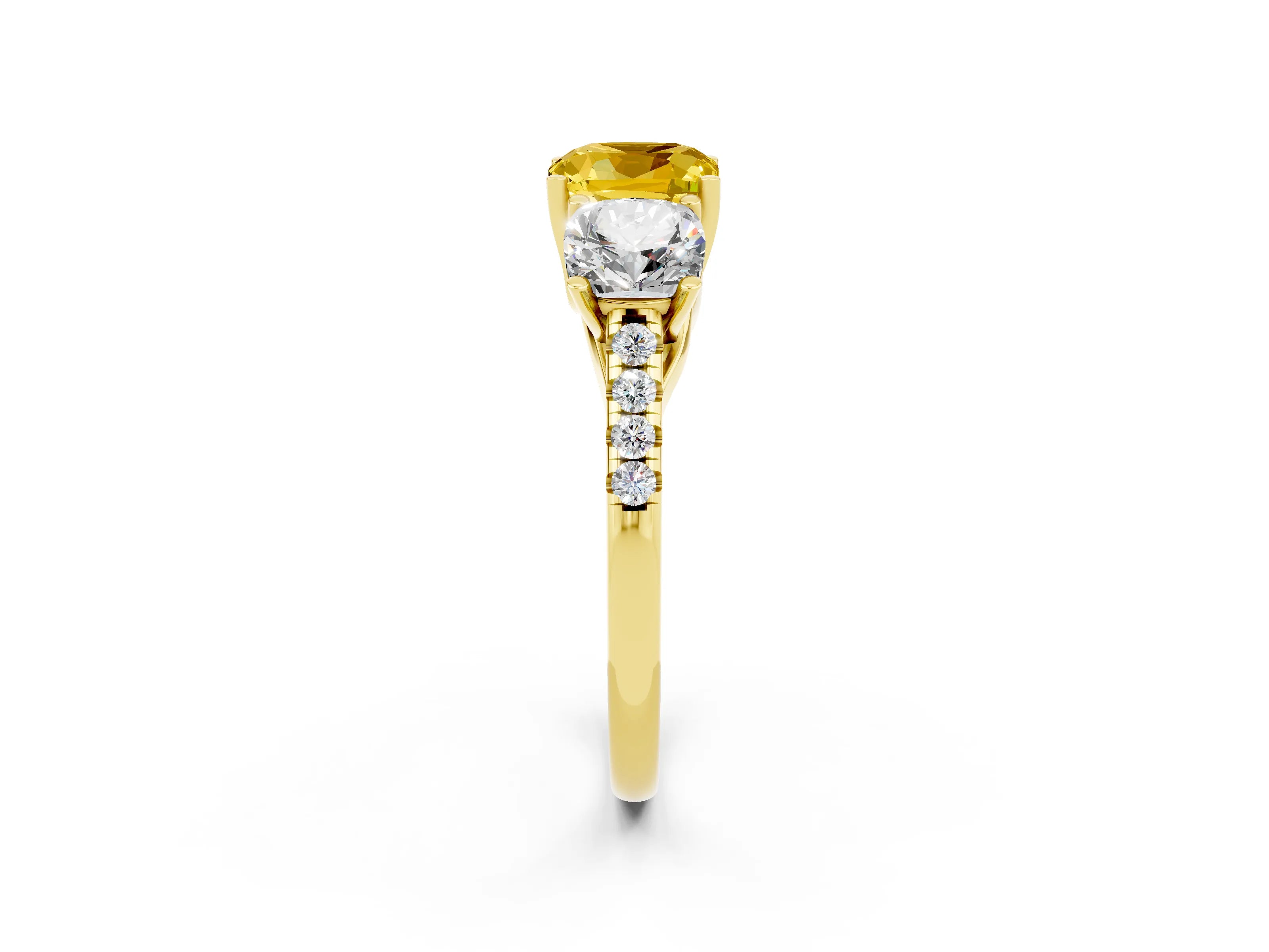 Yellow gold Three-Stone Cushion Cut Yellow Sapphire Ring with Pavé Band and Prong Setting_38
