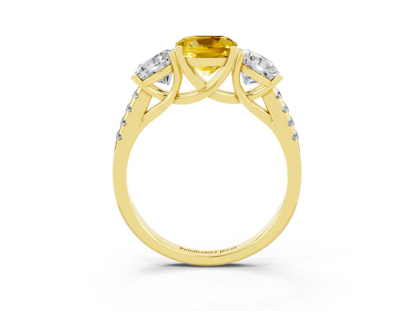 Yellow gold Three-Stone Cushion Cut Yellow Sapphire Ring with Round  Pavé Band and Prong Setting