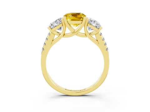 Yellow gold Three-Stone Cushion Cut Yellow Sapphire Ring with Pavé Band and Prong Setting_39