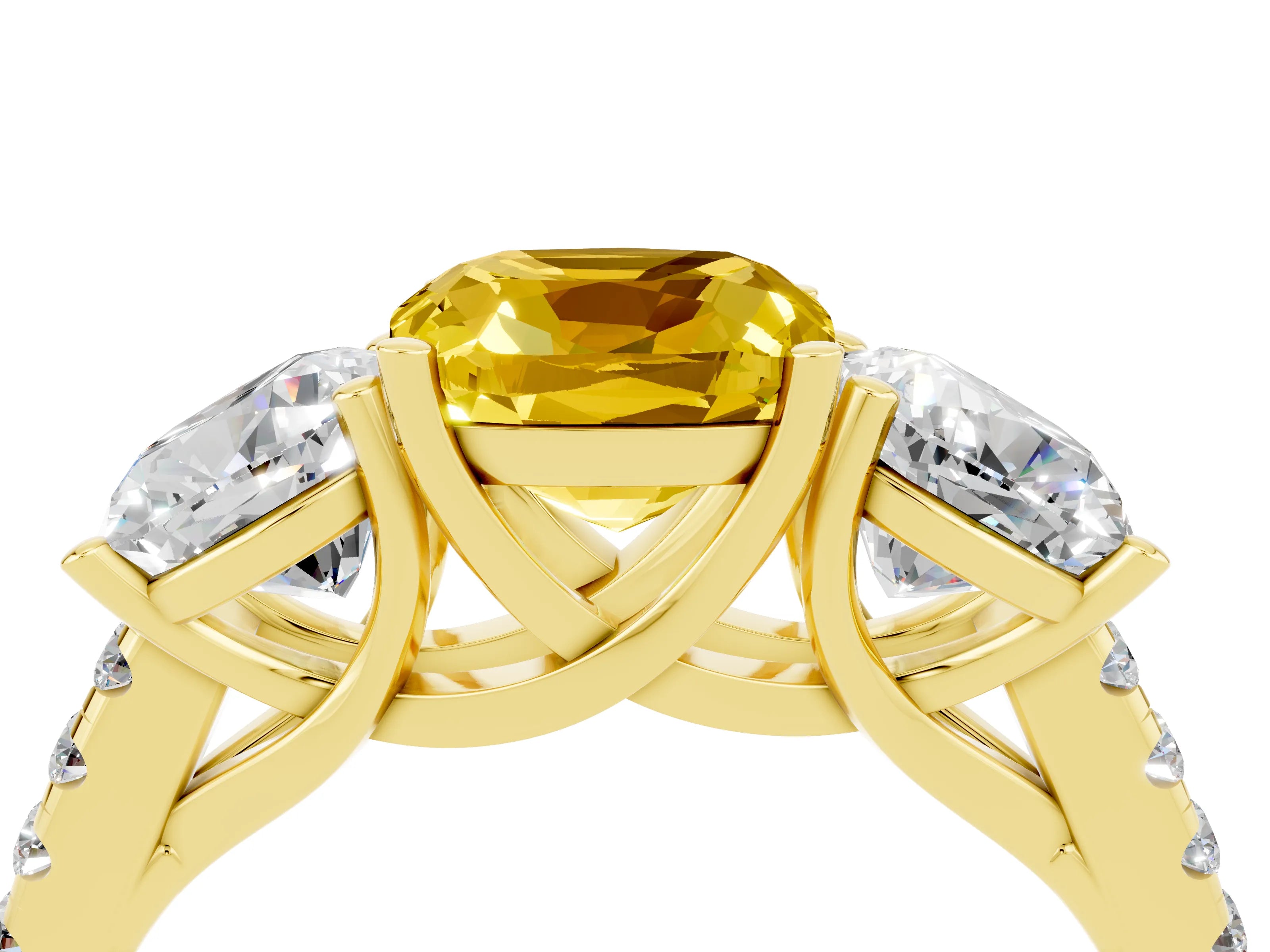 Yellow gold Three-Stone Cushion Cut Yellow Sapphire Ring with Pavé Band and Prong Setting_40