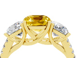 Yellow gold Three-Stone Cushion Cut Yellow Sapphire Ring with Pavé Band and Prong Setting_40