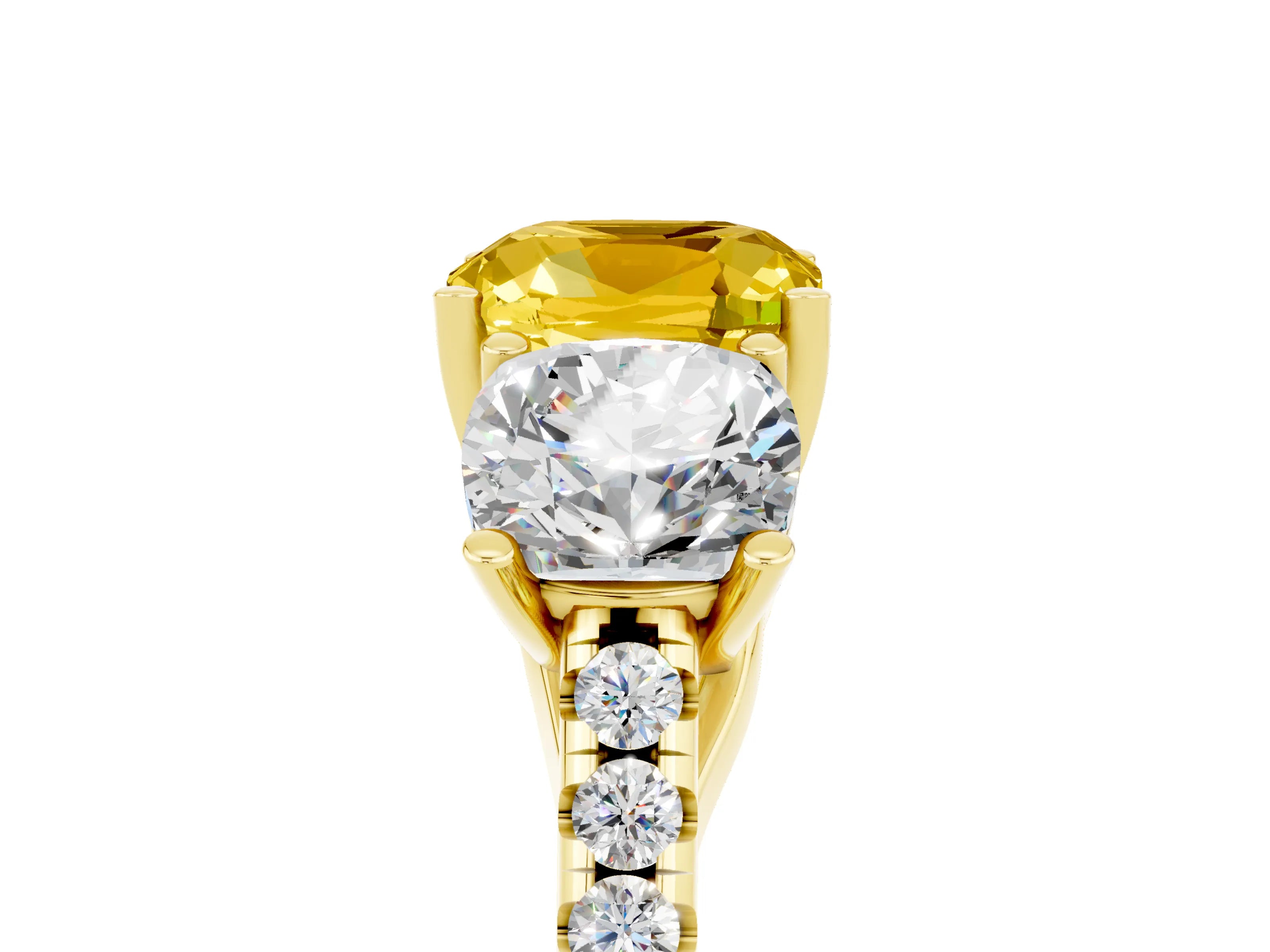 Yellow gold Three-Stone Cushion Cut Yellow Sapphire Ring with Pavé Band and Prong Setting_41