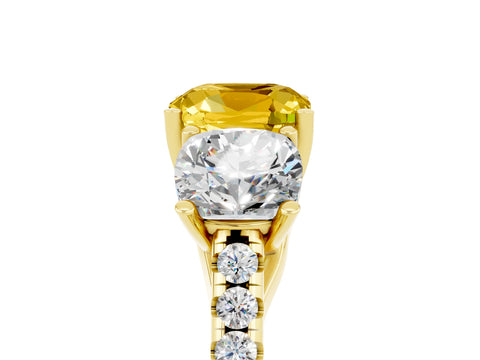 Yellow gold Three-Stone Cushion Cut Yellow Sapphire Ring with Pavé Band and Prong Setting_41