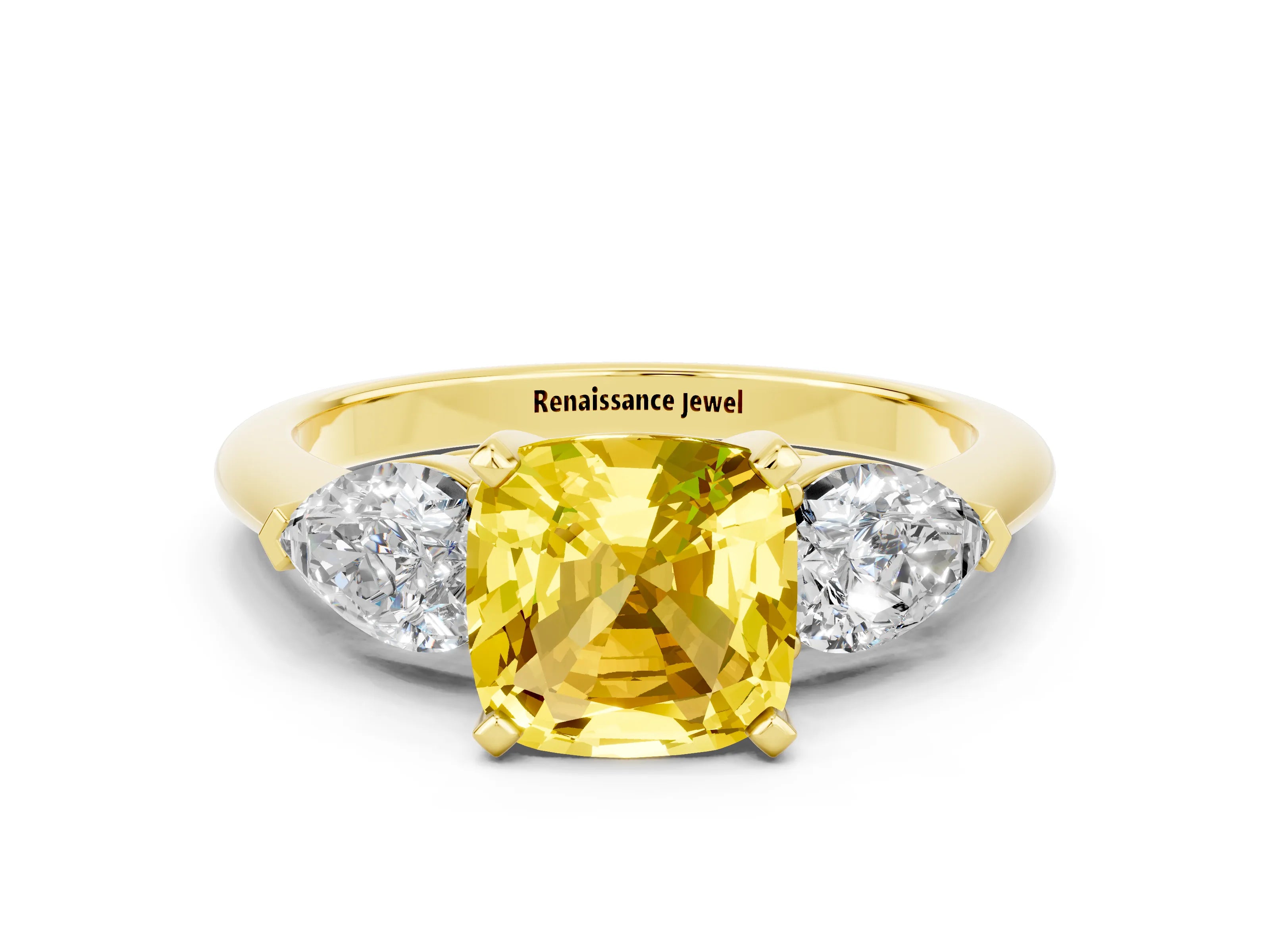 Yellow gold Three-Stone Cushion Cut Yellow Sapphire Ring with Pear Side Stones and Four-Prong Setting_24