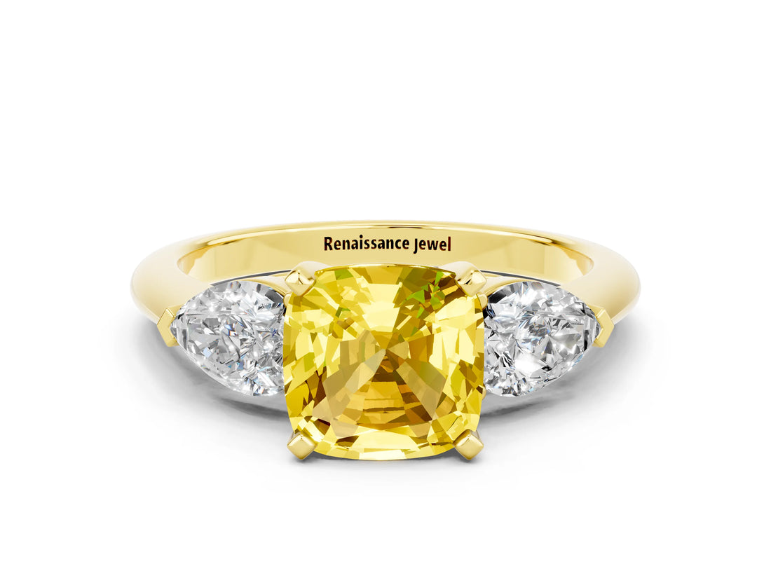 Yellow gold Three-Stone Cushion Cut Yellow Sapphire Ring with Pear Side Stones and Four-Prong Setting_24