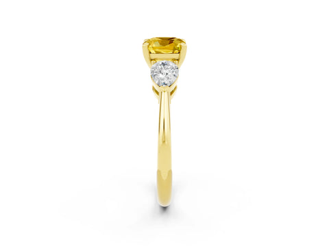Yellow gold Three-Stone Cushion Cut Yellow Sapphire Ring with Pear Side Stones and Four-Prong Setting_26