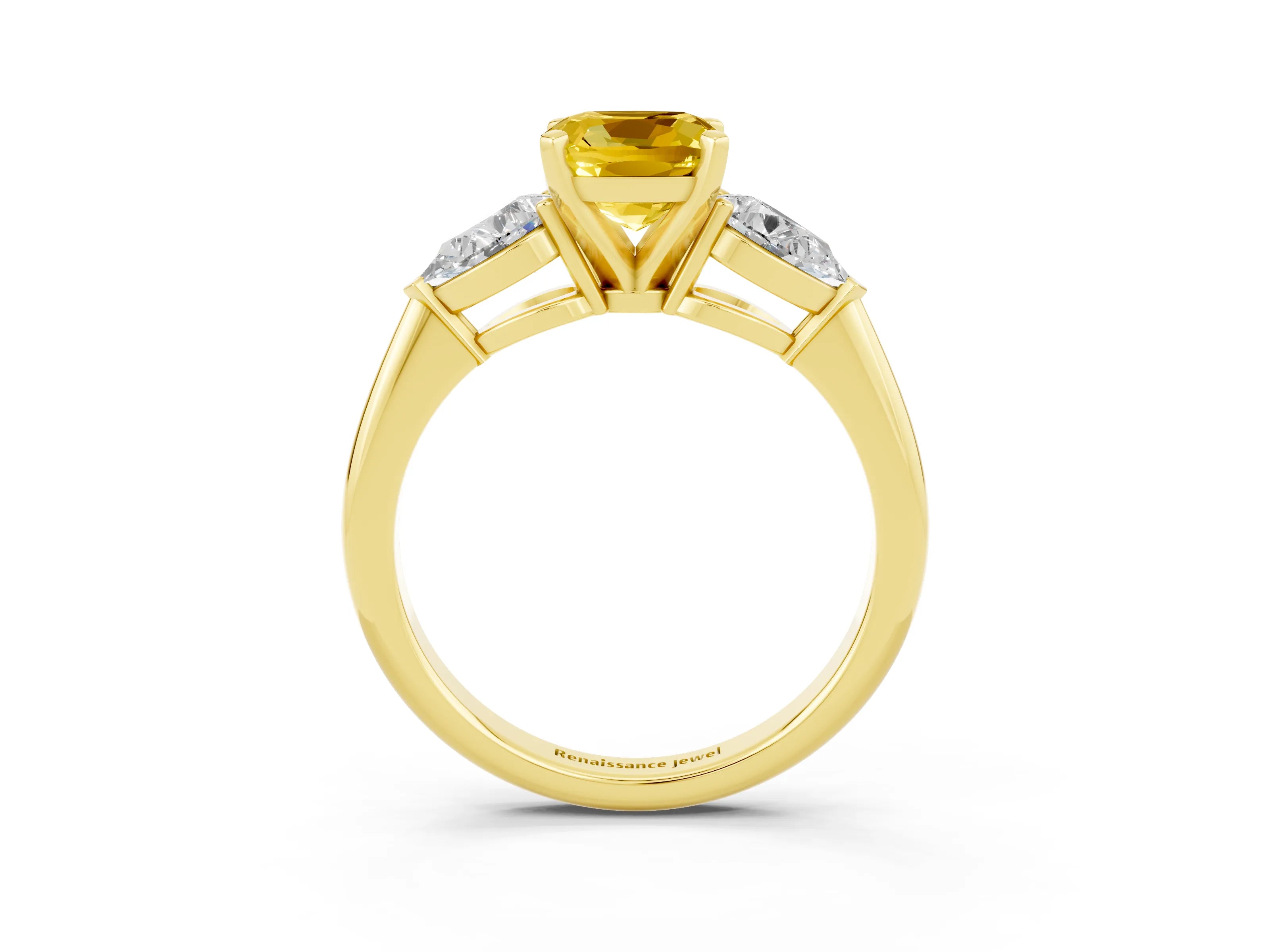 Yellow gold Three-Stone Cushion Cut Yellow Sapphire Ring with Pear Side Stones and Four-Prong Setting_27